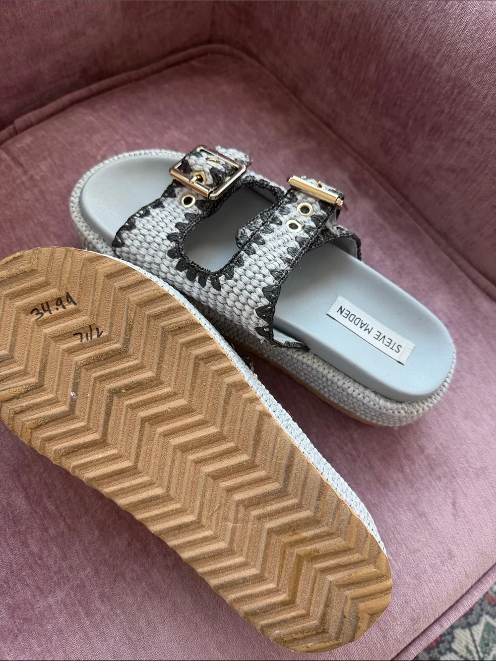 Steve Madden light blue & navy/black woven Dual Buckle Slide Sandals
